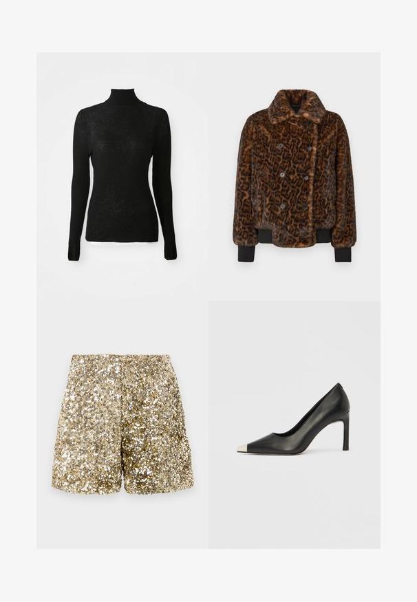Brun leopardmønstret faux fur jakke med dobbelbrystede knapper, krave og sorte ribbede mansjetter. Tekstureret, blød finish.; Sort langærmet ribbet strikpullover med høj hals og slim fit samt subtil tekstur på en hvid baggrund.; Guldglitrende shorts med en skinnende tekstur, der har en løs pasform og en elastisk talje. Pailletterne skaber en funklende effekt.; Sort læder højhælet sko med spids tå og metal-sølv hætte. Har en glat finish og en slank hæl på 10 cm.