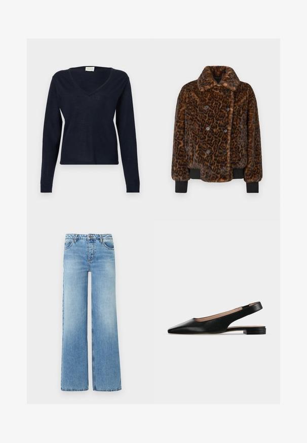 Veste en fourrure synthétique à imprimé léopard marron avec des boutons double boutonnage, un col et des poignets côtelés noirs. Fini texturé et doux.; CLOSED V NECK LONG SLEEVE - Pullover - dark night; Jean en denim bleu clair avec une taille haute, fermeture par bouton et zip, jambes larges et droites, et poches devant et derrière.; Chaussure plate en cuir noir avec bride arrière, bout pointu et petit talon carré sur fond blanc.