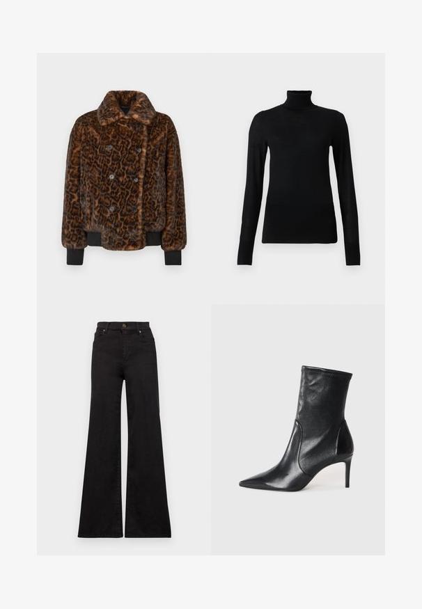 Brun leopardmønstret faux fur jakke med dobbelbrystede knapper, krave og sorte ribbede mansjetter. Tekstureret, blød finish.; Sort turtleneck sweater lavet af blødt, letvægtsmateriale. Har lange ærmer og en tætsiddende stil med høj krave.; Sorte flared jeans lavet af denim med høj talje, med forlommer og metaldele på knappen og nitterne.; Sorte ankelstøvler lavet af glat læder, med spids tå, tætsiddende skaft og en slank høj hæl. Minimalistisk design uden synligt hardware.