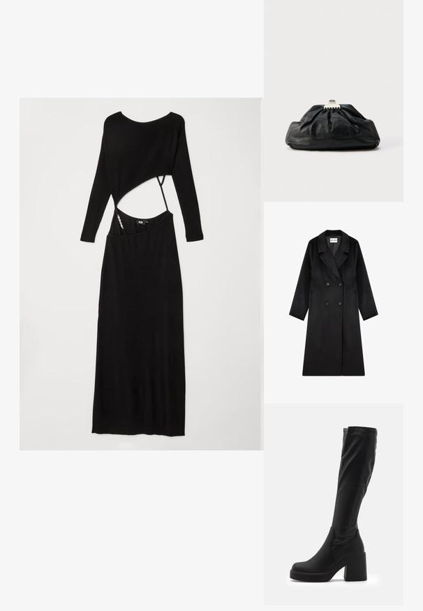NA-KD Klassisk frakke - black; Sort ribbet langærmet kjole med en tætsiddende silhuet, asymmetrisk udskæring i taljen og en glat tekstur.; Sorte knæhøje støvler lavet af glat syntetisk materiale, med en tyk blokhæl og strømlinet design med elastisk top.; Sort læderclutch med en samlet tekstur, metal lukning og diskret præget logo på forsiden. Rundet form.