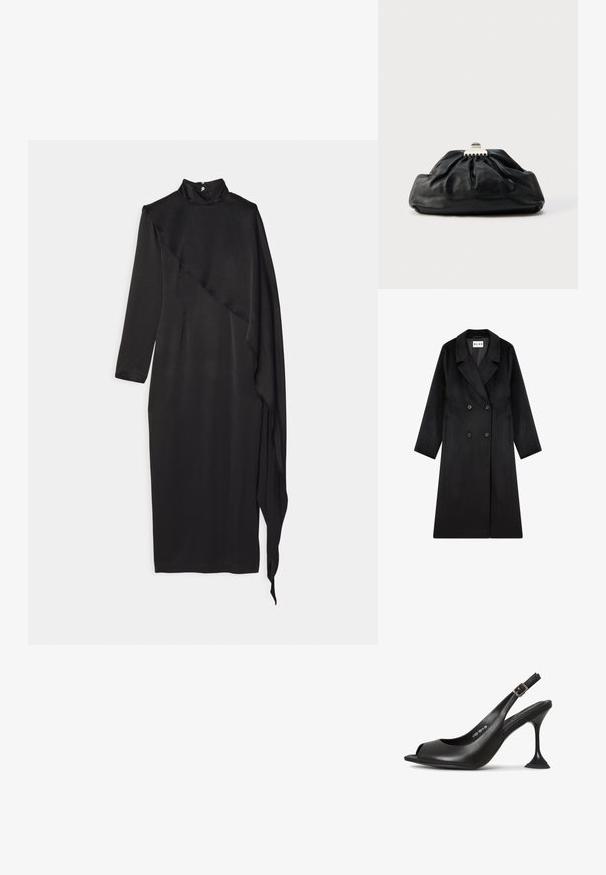 NA-KD Klassisk frakke - black; Materiel SCARF DRESS - Gallakjole - black; Sort læder slingback hæl med åben tå, spids form, smal hæl der udvider sig, og en firkantet base. Tekstureret overflade og spænde detaljer.; Sort læderclutch med en samlet tekstur, metal lukning og diskret præget logo på forsiden. Rundet form.