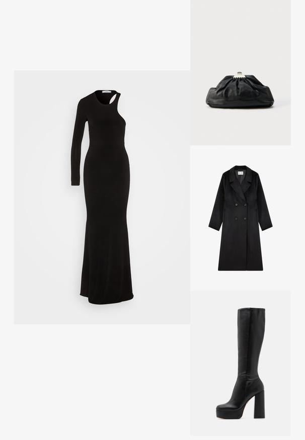 NA-KD Klassisk frakke - black; WAL G. MILA ASYMMETRIC - Gallakjole - black; Sorte knæhøje støvler lavet af glat læder med en struktureret overflade, der har en høj blokhælkonstruktion og et rundt tådesign.; Sort læderclutch med en samlet tekstur, metal lukning og diskret præget logo på forsiden. Rundet form.