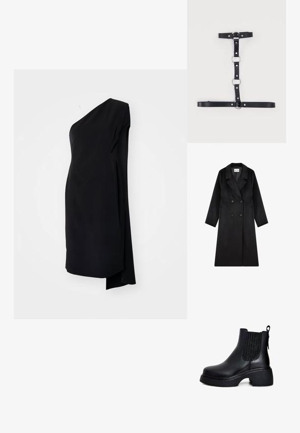NA-KD Klassisk frakke - black; Sort asymmetrisk kjole med én skulder, lavet af glat stof, med en draperet design og en sideslids for ekstra detaljer.; Sorte læder ankelstøvler med elastiske sidepaneler, rund tå, chunky tekstureret hæl og strop bagpå for nem påtagning.; Sort sele i kunstlæder med sølvfarvede metalkrøller og nitter, med justerbare stropper arrangeret i et lodret og vandret mønster.