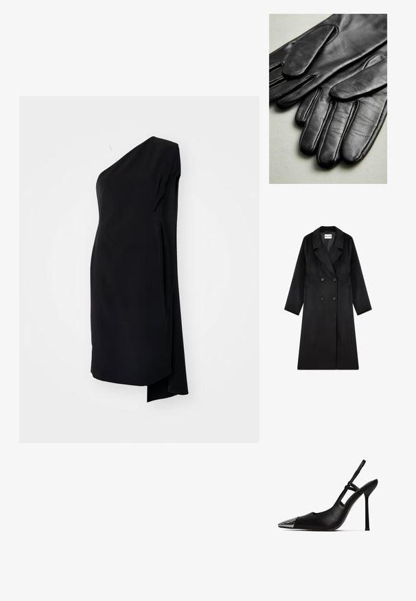 NA-KD Klassisk frakke - black; Sort asymmetrisk kjole med én skulder, lavet af glat stof, med en draperet design og en sideslids for ekstra detaljer.; Sorte slingback pumper med spids tå og skinnende metallisk kappe. Har en høj stilettohæl og slank ankelrem. Glat lædertekstur.; Sorte læderhandsker med glat tekstur, der har syninger langs fingrene og en tætsiddende design. Blødt, smidigt materiale for komfort.