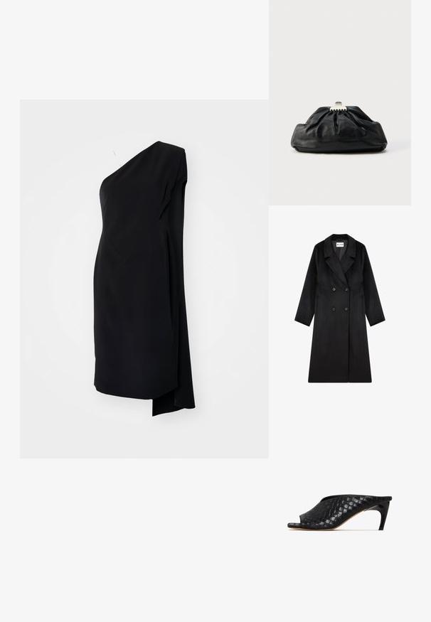 NA-KD Klassisk frakke - black; Sort asymmetrisk kjole med én skulder, lavet af glat stof, med en draperet design og en sideslids for ekstra detaljer.; Sorte vævede mule-sandaler med åben tå og en slank, buet hæl. Materialet har en blank finish og viser et tekstureret, ternet mønster.; Sort læderclutch med en samlet tekstur, metal lukning og diskret præget logo på forsiden. Rundet form.