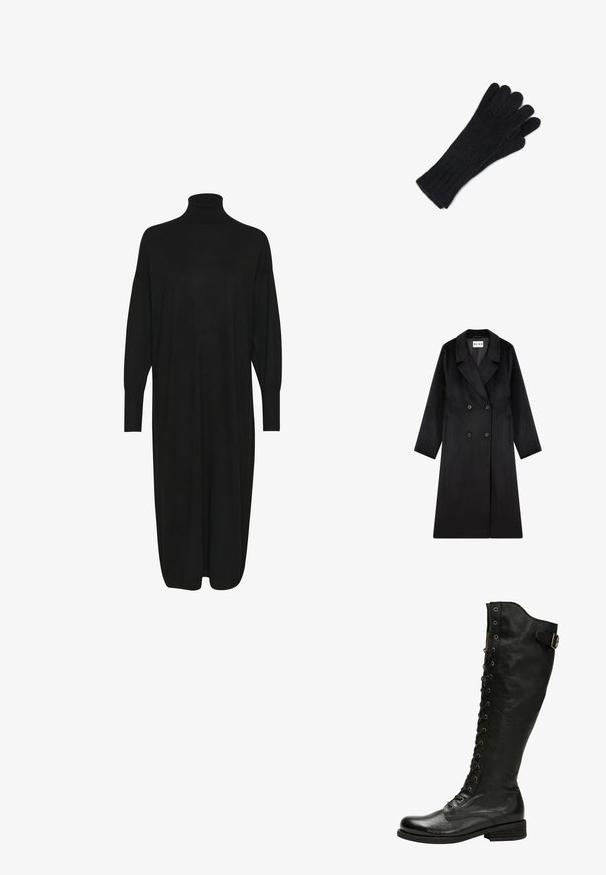 NA-KD Klassisk frakke - black; Sort strikket kjole med høj mock neck, lange ærmer og en afslappet pasform. Glat tekstur med længde til midt på læggen og ingen synlige mønstre eller detaljer.; Sorte læder knæhøje støvler med snørebånd foran, sølvøjer og sidebælte. Har en tekstureret overflade og stablet hæl.; CASH-MERE Handsker - schwarz