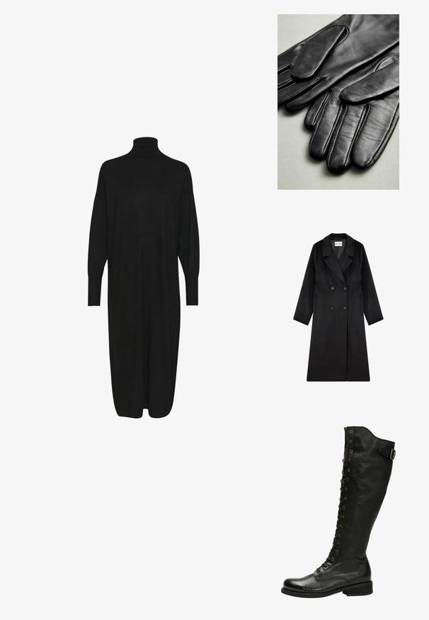 NA-KD Abrigo clásico - black; Vestido negro de punto con un cuello alto tipo mock, mangas largas y un corte holgado. Textura suave con una longitud hasta la mitad de la pantorrilla y sin patrones ni acentos visibles.; Bota de cuero negro hasta la rodilla con cordones en el frente, ojales de plata y hebilla lateral. Presenta un acabado texturizado y tacón apilado.; Guantes de cuero negro con textura suave, con costuras a lo largo de los dedos y un diseño ajustado. Material suave y flexible para mayor comodidad.