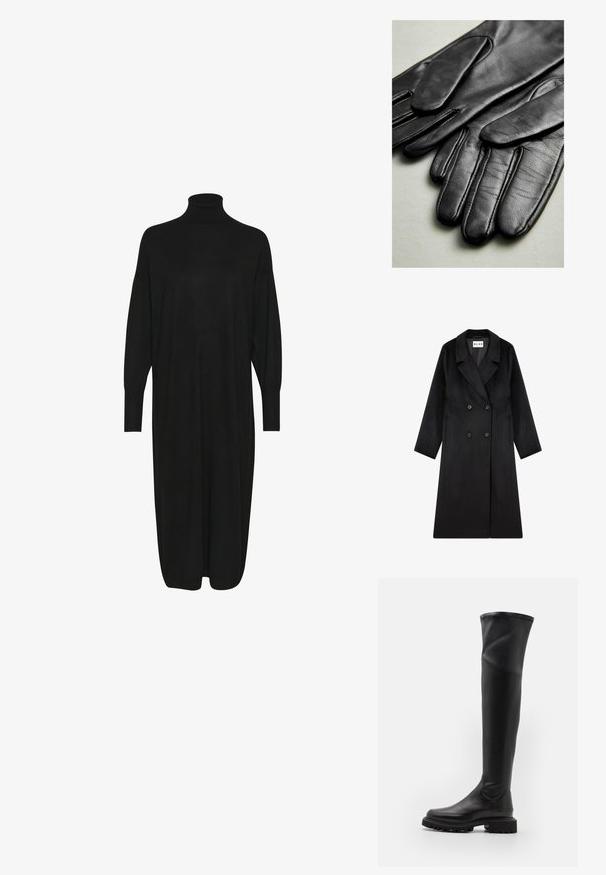 NA-KD Mantel - black; Zwarte gebreide jurk met een hoge opstaande kraag, lange mouwen en een relaxte pasvorm. Zachte textuur met een lengte tot halverwege de kuiten en geen zichtbare patronen of accenten.; Zwarte over-de-knie laarzen van soepel synthetisch materiaal, met een flinke zool en een ronde neus. Kenmerken zijn een naadloos ontwerp en een hoge, flexibele schacht.; Zwarte leren handschoenen met een gladde textuur, voorzien van naden langs de vingers en een getailleerd ontwerp. Zacht, soepel materiaal voor comfort.