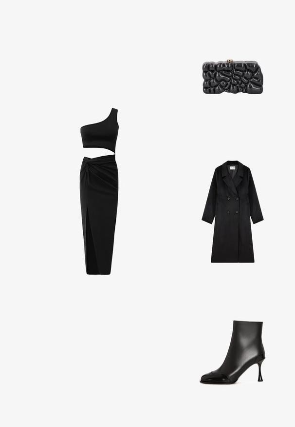 NA-KD Mantel - black; Zwart twee-delig outfit met een één-schouder crop top en hoge taille rok met een gedraaide detail en een zijsplit. Glad materiaal.; Zwarte enkelboots van soepel leer met een glanzende neus, met een taps toelopende hak en een strak, figuurvormend ontwerp.; Glanzende zwarte clutch met een abstract, getextureerd oppervlak en een kleine metalen sluiting bovenop, getoond tegen een witte achtergrond.