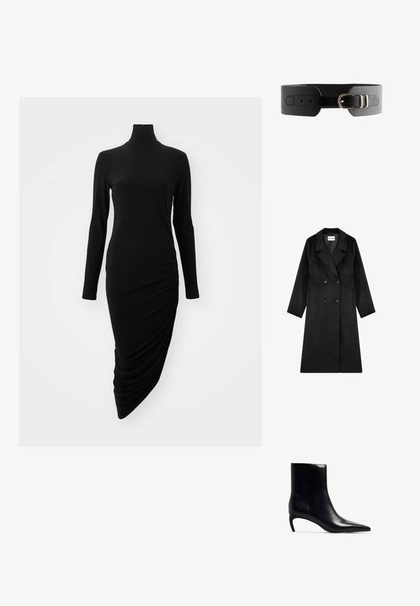 NA-KD Manteau classique - black; Robe noire à manches longues avec un col montant, présentant un design froncé sur un côté, fabriquée à partir d'un tissu lisse et extensible.; Bottine en cuir noir avec un bout pointu et un petit talon fin. Texture lisse avec un design élégant et minimaliste.; Ceinture en cuir noir avec une large bande, dotée d'une double boucle en ton doré et de plusieurs trous pour un ajustement de taille. Texture lisse et design épuré.