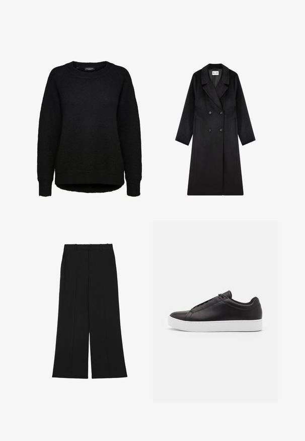 NA-KD Mantel - black; Zwarte gebreide trui met lange mouwen, ronde hals en geribbelde boorden, ontworpen voor vrouwen, van het merk Selected Femme.; Zwarte wijde broek gemaakt van een gladde stof. Voorzien van een hoge taille, dubbele voorplooien en riemlussen. Geen zichtbare zakken of versieringen.; Zwarte leren sneakers met een gladde afwerking, met een lage ontwerp en een dikke witte rubberen zool. Subtiele stikdetails aan de zijkant.