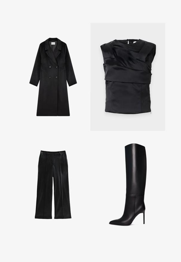 NA-KD Klassisk frakke - black; Sort satin top med en struktureret design, brede skuldre og en asymmetrisk frontpanel, lukket med en lynlås i ryggen.; Sorte faux læder bukser med bred benlinje, plisseringer, forlommer, en glat tekstur og en skræddersyet pasform. Har en mellem høj talje.; Knæhøj sort læder stiletto støvle med spids tå. Glat tekstur, struktureret design og en slank høj hæl. Ingen synlig hardware eller mønstre.