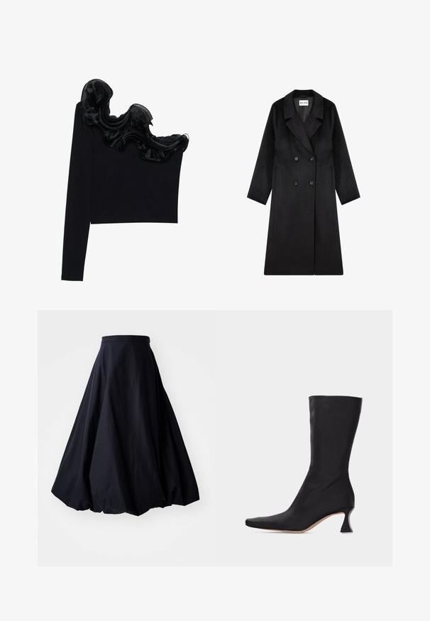 NA-KD Klassisk frakke - black; Sort en-skulder top med et rynket, gennemsigtigt overlay langs halsudskæringen, lavet af letvægtsstof med en glat tekstur.; By Malene Birger AUBREY - Maxinederdele - black; Sort læderstøvle, der går til midt på læggen, med spids tå og buet lav hæl, mod en ensartet lys baggrund.