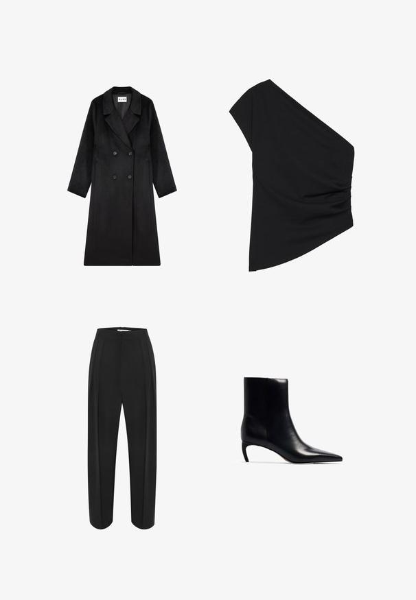 NA-KD Abrigo clásico - black; Top negro de un solo hombro hecho de tela elástica, con un detalle fruncido en el costado y un dobladillo asimétrico. Textura suave con un ligero caída.; Pantalones de pierna ancha negros con una cintura alta, con una textura suave y dos plisados frontales. Diseñados con una silueta limpia y ajustada.; Botín negro de cuero hasta el tobillo con punta afilada y un tacón pequeño y delgado. Textura suave con un diseño elegante y minimalista.