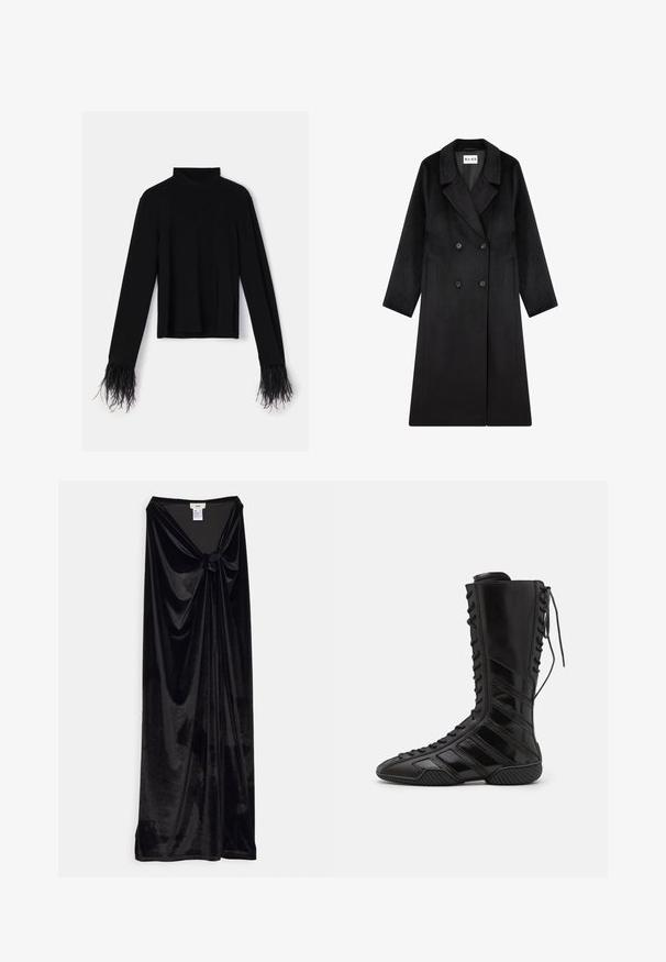 NA-KD Klassisk frakke - black; Sort langærmet top med høj hals; har tekstureret fjerkant ved ærmekanterne; lavet af blødt, elastisk stof.; GmbH LONG SKIRT WITH A KNOT - Maxinederdele - black; Sorte høje støvler lavet af skinnende syntetisk materiale, med et komplikere snøredesign og diagonale stribe-detaljer på siderne.