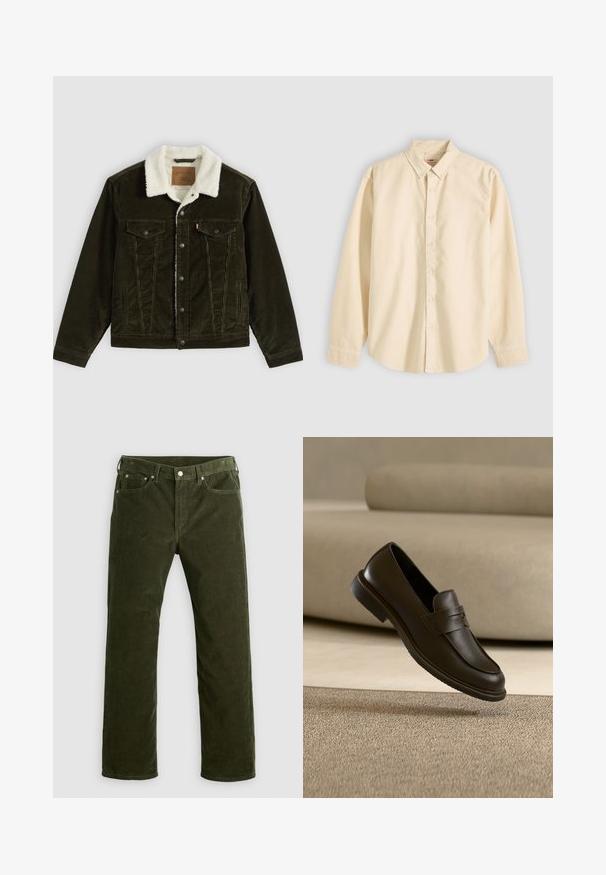 Dunkelgrüne Cordjacke mit weißem Fleece-Kragen, Knopfleiste vorne, zwei Brusttaschen mit Klappen und Seitentaschen vor einfarbigem Hintergrund.; Langärmliges, beige Hemd mit Knöpfen und Kragen, flach liegend dargestellt, mit geschlossenen Knöpfen und Manschetten auf hellem Hintergrund.; Olivgrüne Kordhosen mit geradem Schnitt, vorderem Knopf, Reißverschluss, Gürtelschlaufen und fünf Taschen auf einem weißen Hintergrund.; Ein einzelner dunkelbrauner Lederloafer schwebt über einem beigen, strukturierten Teppich, mit einem unscharfen beigen Sofa im Hintergrund.