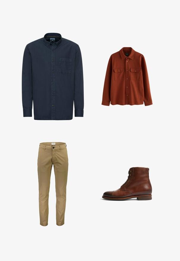 Rostfarbene Button-up-Shirtjacke mit langen Ärmeln, zwei vorderen Klappentaschen und einem Kragen, auf einem weißen Hintergrund präsentiert.; Marineblaue Button-Down-Hemd aus Baumwolle. Verfügt über einen klassischen Kragen, lange Ärmel, eine einzelne Brusttasche und dezente Nähdetails.; Lindbergh PANTS - Chino - deep sand; Braune Leder-Stiefeletten mit runder Zehenform, 6 Ösen und einer glatten, strukturierten Oberfläche. Mit niedrigem, gestapeltem Absatz und kontrastierenden Nähten.