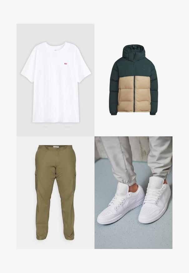 Polstret jakke med en mørkegrøn øvre del og en lys beige nederdel. Den har en høj krave, lynlås lukning og elastiske manchetter for ekstra varme.; Hvid bomulds t-shirt med korte ærmer og rund halsudskæring. Har et lille rødt Levi's logo på venstre bryst. Flad design, uden mønstre.; Olivengrøn cargo bukser lavet af bomuldsblanding, med sidelommer, bæltestropper og lige ben design. Glat tekstur.; Hvide lædersneakers har en perforeret tåboks, flade snørebånd, polstret krave og Jordan-logoet på tungen. Båret med grå joggers.