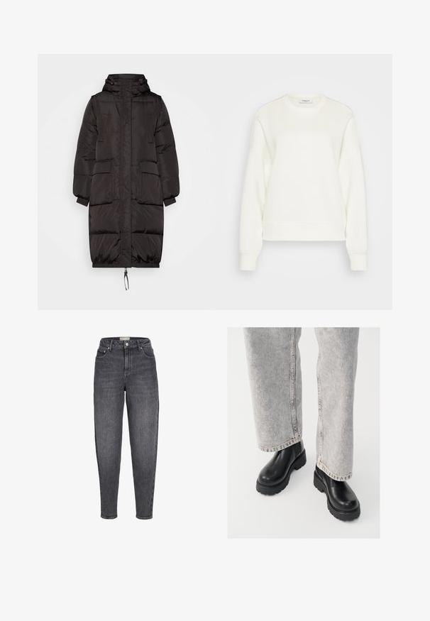Zwarte pufferjas met een capuchon, met een lange pasvorm, elastische manchetten, grote voorzakken en een trekkoord aan de onderkant. Glad materiaal.; Crewneck sweatshirt in off-white, gemaakt van een zachte katoenmix. Heeft lange mouwen, een ontspannen pasvorm en ribgebreide zoom en manchetten.; Zwart gewassen jeans met hoge taille, taps toelopend, voorzien van voorzakken, ceintuurlussen en een knoopsluiting.; Vagabond COSMO - Enkellaarsjes met plateauzool - black