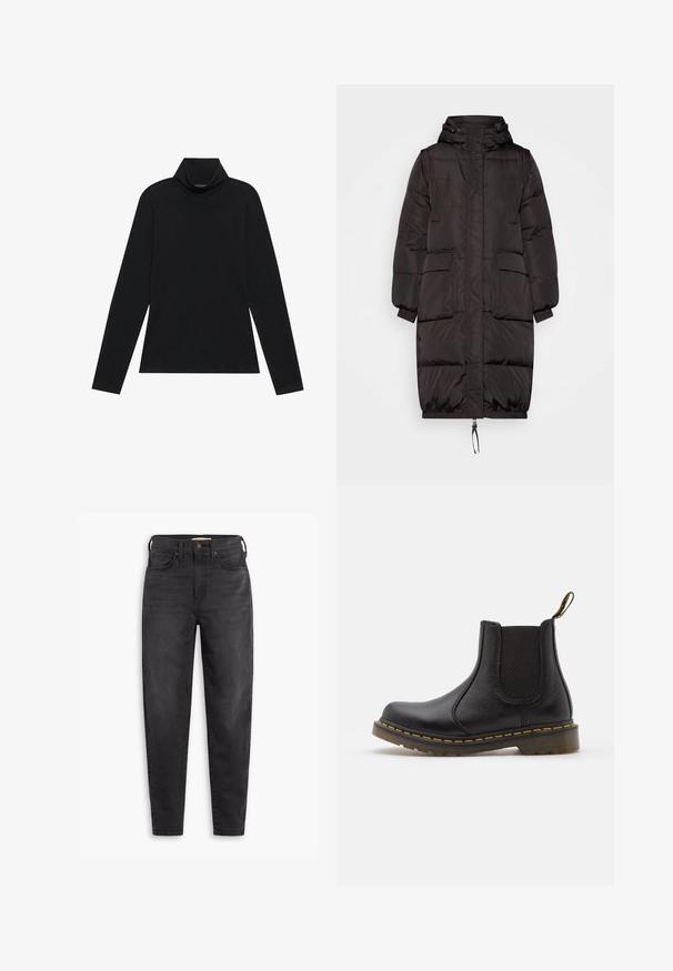 Zwarte pufferjas met een capuchon, met een lange pasvorm, elastische manchetten, grote voorzakken en een trekkoord aan de onderkant. Glad materiaal.; Zwarte langetermijn turtleneck. Zachte stof, getailleerd design, hoge kraag en zijnaad. Eenvoudige en veelzijdige stijl die geschikt is voor het laagjes dragen.; Zwarte hoog-taille slim-fit jeans met voor- en achterzakken, knoopsluiting en riemlussen, weergegeven op een witte achtergrond.; Zwarte leren Chelsea-boot met elastische zijpanelen, ronde neus, gele stiksels, rubberen zool en een trekhaak aan de achterkant voor gemakkelijk aan- en uittrekken.