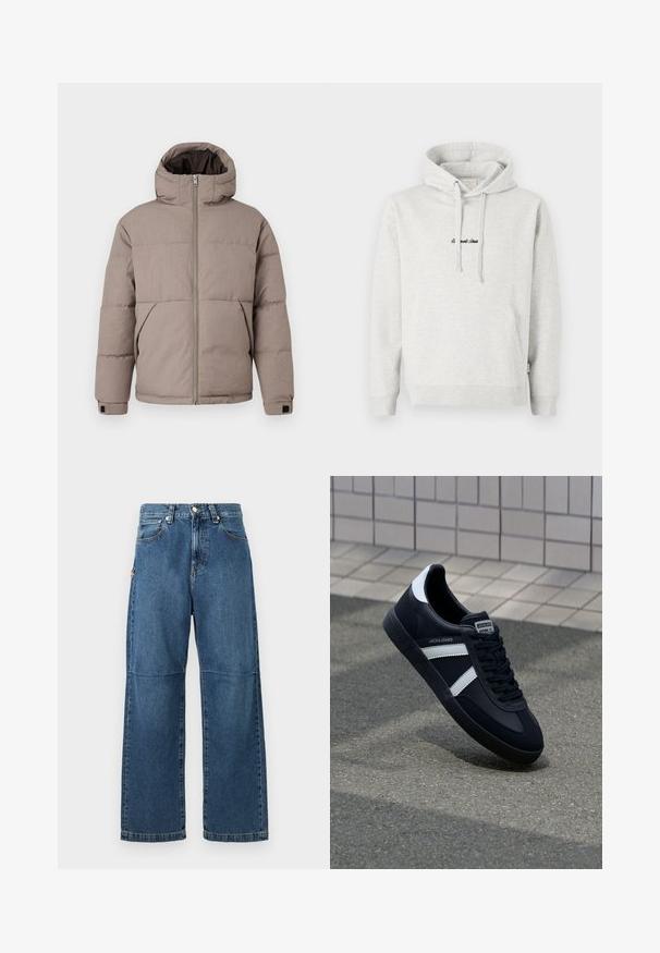 Braune gepolsterte Jacke mit Kapuze, Frontreißverschluss, Seitentaschen und elastischen Bündchen; der Stoff hat eine glatte Textur mit einem dezenten Glanz.; Hellgrauer Hoodie mit Kängurutasche, Kapuze mit Kordelzug und schwarzen gestickten Text auf der Vorderseite. Mischgewebe aus Baumwolle, gerippte Bündchen.; Blaue Jeans aus Denim mit entspannter Passform, geraden Beinen, sichtbarem Nähen und einem vorderen Knopfverschluss. Verfügt über eine Seitentasche mit einem Akzent.; Schwarze Leder-Sneaker mit weißen Streifen, strukturiertem Gummisohle und Schnürung. Verfügt über ein Markenetikett auf der Zunge.