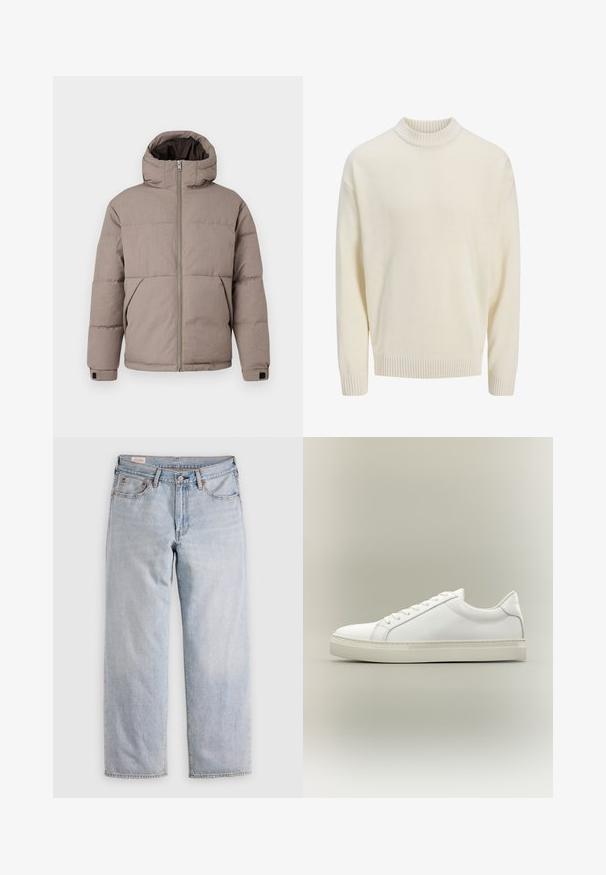 Brun polstret jakke med hætte, frontlynlås, sidelommer og elastiske manchetter; stoffet har en glat tekstur med en subtil glans.; Hvid strikket sweater med en ribbet rund halsudskæring og ribbede ærmekanter. Stofmaterialet har en glat tekstur og en afslappet pasform.; Lyseblå lige ben jeans med høj talje, knaplukning samt for- og baglommer, præsenteret på en flad overflade.; Hvid lavtop sneaker med snørebånd foran og tyk sål, vist fra siden mod en neutral baggrund.