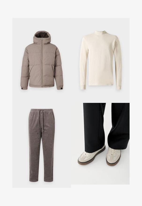 Chaqueta acolchada marrón con capucha, cierre frontal de cremallera, bolsillos laterales y puños elásticos; la tela presenta una textura suave con un ligero brillo.; Camisa de cuello alto de manga larga en color crema, hecha de suave tela de algodón, con un diseño ajustado y un cuello acanalado, además de dobladillos rectos.; Pantalones de pana en un color taupe suave, con una cintura elástica y cordón ajustable, y piernas estrechas con textura de canales verticales.; Pies con zapatillas beige con suelas marrones y pantalones negros de pierna ancha sobre un fondo blanco.