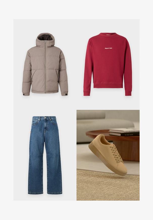Braune gepolsterte Jacke mit Kapuze, Frontreißverschluss, Seitentaschen und elastischen Bündchen; der Stoff hat eine glatte Textur mit einem dezenten Glanz.; Burgunderfarbener Sweatshirt aus Baumwollmischung mit Rundhalsausschnitt, gerippten Bündchen und Saum. Auf der Vorderseite befindet sich der weiße gestickte Text "Original Studio".; Blaue Jeans aus Denim mit entspannter Passform, geraden Beinen, sichtbarem Nähen und einem vorderen Knopfverschluss. Verfügt über eine Seitentasche mit einem Akzent.; Beiger geschnürter Sneaker, der über einem strukturierten Teppich mit Holzcouchtisch und gestapelten Büchern im verschwommenen Hintergrund schwebt.