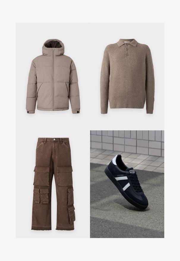 Brun polstret jakke med hætte, frontlynlås, sidelommer og elastiske manchetter; stoffet har en glat tekstur med en subtil glans.; Brun strikket pullover med en tekstureret vævning, der har en krave og tre knaplukninger. Lange ærmer med ribbede manchetter.; Brune cargo bukser med løs pasform, flere sidelommer og frayed kantdesign. Lavet af robust, struktureret stof for holdbarhed.; Sort lædersneaker med hvide striber, tekstureret gummisål og snørrebånd foran. Har et brandet mærke på tungen.
