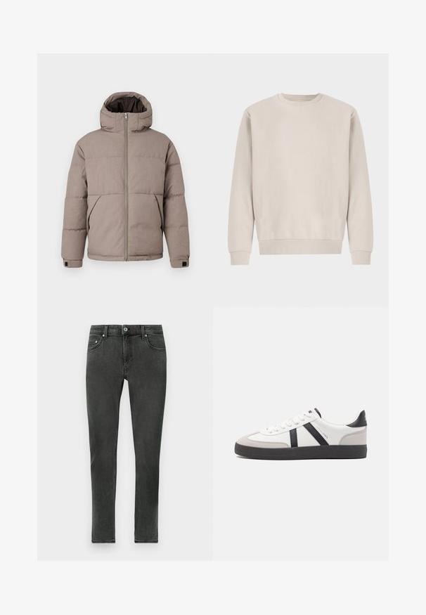 Veste matelassée marron avec capuche, fermeture éclair à l'avant, poches latérales et poignets élastiques ; le tissu présente une texture lisse avec un éclat subtil.; Sweatshirt beige à col rond en coton doux, avec une coupe décontractée, des poignets et un ourlet côtelés, sans motifs ni éléments métalliques visibles.; Jean skinny gris foncé en denim à la texture lisse, présentant un fermeture à boutons classique et un design standard à cinq poches.; Baskets blanches avec des accents noirs et gris, présentant un embout texturé gris, une semelle en caoutchouc noir et des lacets plats blancs. Design épuré, style minimaliste.