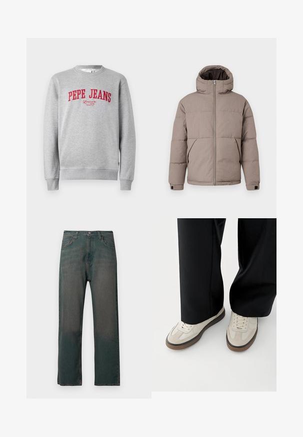 Brun polstret jakke med hætte, frontlynlås, sidelommer og elastiske manchetter; stoffet har en glat tekstur med en subtil glans.; Grå sweatshirt med rødt broderet "PEPE JEANS" logo og teksten "London W1 1973" nedenfor, ribbede ærmer og kant.; Mørkegrønne denimjeans med lige ben, der har et klassisk design med fem lommer og kontrastsyninger langs sømmene.; Fødder iført beige sneakers med brune såler og sorte bukser med vide ben på hvid baggrund.