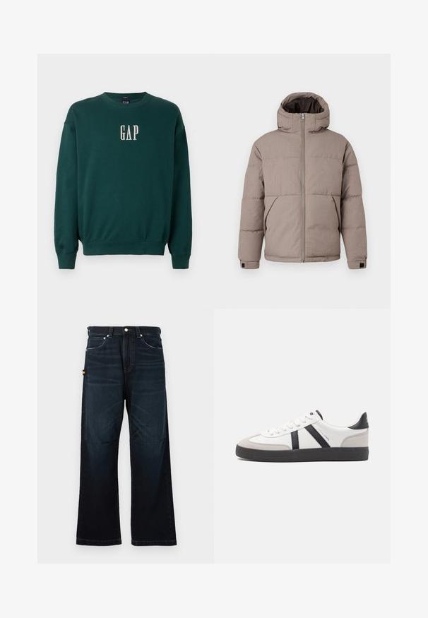 Braune gepolsterte Jacke mit Kapuze, Frontreißverschluss, Seitentaschen und elastischen Bündchen; der Stoff hat eine glatte Textur mit einem dezenten Glanz.; Grüner Langarm-Sweatshirt mit gerippten Bündchen und Saum, mit weißem, gesticktem "GAP"-Logo auf der Brust. Weicher Stoff.; Dunkelblaue gerade Jeans mit klassischem Fünf-Taschen-Design, Gürtelschlaufen und subtilen verblassten Details an der Vorderseite und an den Knien.; Weiße Sneaker mit schwarz- und grau-aczenten, ausgestattet mit einer strukturierten grauen Zehenkappe, schwarzer Gummi-Sohle und flachen weißen Schnürsenkeln. Sauberes Design, minimalistische Stil.