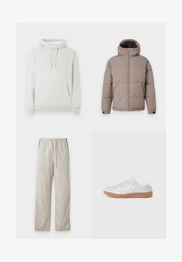 Chaqueta acolchada marrón con capucha, cierre frontal de cremallera, bolsillos laterales y puños elásticos; la tela presenta una textura suave con un ligero brillo.; Sudadera gris claro con capucha ajustable, bolsillo delantero, puños y dobladillo acanalados, y un sutil logo grabado en el pecho.; Pantalones ligeros de color beige, con cordón y cintura elástica, que presentan paneles laterales oscuros y un diseño de pierna recta y holgada.; Zapatillas plateadas con una textura suave, diseño de cordones, acentos perforados y una suela de goma marrón texturizada.