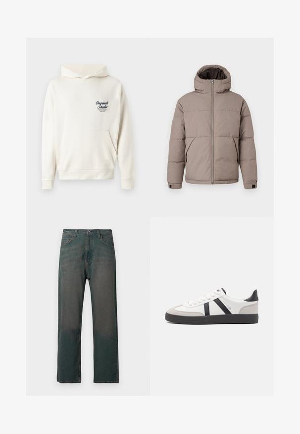 Brun polstret jakke med hætte, frontlynlås, sidelommer og elastiske manchetter; stoffet har en glat tekstur med en subtil glans.; Kræmfarvet hoodie lavet af blødt stof, med en lomme foran, ribbede manchetter og et lille broderet logo på brystet.; Mørkegrønne denimjeans med lige ben, der har et klassisk design med fem lommer og kontrastsyninger langs sømmene.; Hvide sneakers med sorte og grå detaljer, med en tekstureret grå tåhætte, sort gummisål og flade hvide snørebånd. Rent design, minimalistisk stil.