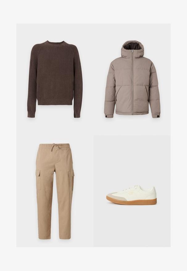 Veste matelassée marron avec capuche, fermeture éclair à l'avant, poches latérales et poignets élastiques ; le tissu présente une texture lisse avec un éclat subtil.; Pull marron côtelé à manches longues, col rond et taille cintrée. Confectionné dans un matériau en maille texturée.; Pantalons cargo beiges en coton, dotés d'une taille élastique avec cordon de serrage, de deux poches latérales et d'une coupe décontractée.; Baskets en cuir blanc avec une coque beige et une semelle en caoutchouc marron clair. Dotées de lacets blancs plats et d'un logo embossé sur le côté.