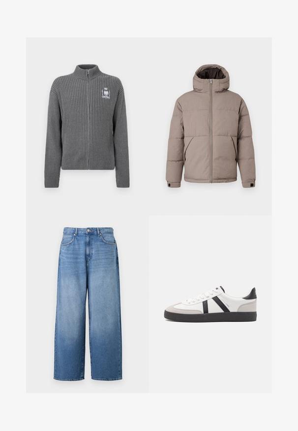 Veste matelassée marron avec capuche, fermeture éclair à l'avant, poches latérales et poignets élastiques ; le tissu présente une texture lisse avec un éclat subtil.; Pull gris en maille côtelée avec fermeture éclair, col montant et logo écusson brodé sur le côté gauche de la poitrine.; Jeans en denim à jambes larges de couleur bleu clair avec une finition légèrement délavée. Comprend un design classique à cinq poches et une fermeture à bouton en métal.; Baskets blanches avec des accents noirs et gris, présentant un embout texturé gris, une semelle en caoutchouc noir et des lacets plats blancs. Design épuré, style minimaliste.