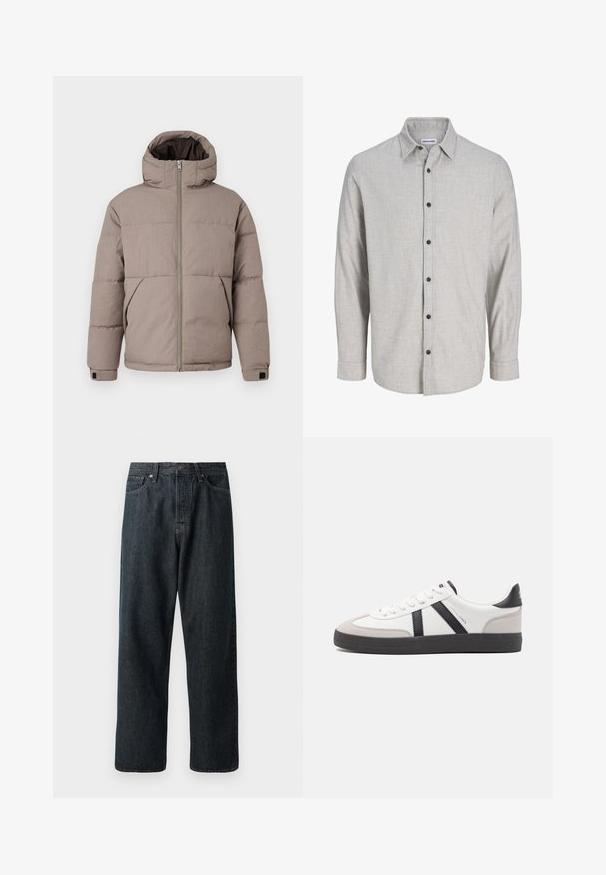 Veste matelassée marron avec capuche, fermeture éclair à l'avant, poches latérales et poignets élastiques ; le tissu présente une texture lisse avec un éclat subtil.; Chemise à manches longues gris clair en tissu texturé. Présente un col boutonné et six boutons noirs sur le devant.; Jeans en denim foncé avec une coupe droite, dotés d'une disposition traditionnelle à cinq poches et d'une fermeture à bouton en métal à la taille.; Baskets blanches avec des accents noirs et gris, présentant un embout texturé gris, une semelle en caoutchouc noir et des lacets plats blancs. Design épuré, style minimaliste.