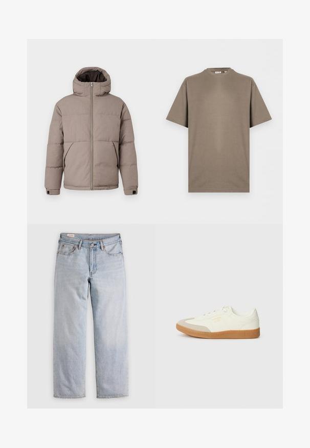 Braune gepolsterte Jacke mit Kapuze, Frontreißverschluss, Seitentaschen und elastischen Bündchen; der Stoff hat eine glatte Textur mit einem dezenten Glanz.; Schlichtes kurzärmeliges Baumwoll-T-Shirt in Taupe mit Rundhalsausschnitt und entspannter Passform, auf weißem Hintergrund dargestellt.; Helle blaue gerade geschnittene Jeans mit hoher Taille, Knopfverschluss sowie Vorder- und Hintertaschen, auf einer flachen Oberfläche präsentiert.; Sneaker aus weißem Leder mit einer beigen Zehenkappe und leichter brauner Gummisohle. Verfügt über flache weiße Schnürsenkel und geprägtes Branding an der Seite.