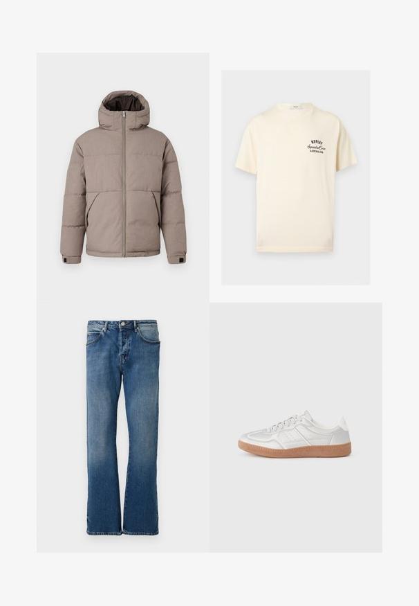 Brun polstret jakke med hætte, frontlynlås, sidelommer og elastiske manchetter; stoffet har en glat tekstur med en subtil glans.; Kremfarvet T-shirt med korte ærmer med sort tekst "REPLAY Squadra Corse ADRENALINA" på venstre bryst og rund halsudskæring.; Lyseblå denimjeans med lige ben-design, der har fem lommer, en knap-lukning og diskret falmning på stoffet.; Sølv sneakers med en glat overflade, snørebånd, perforerede detaljer og en struktureret brun gummi sål.