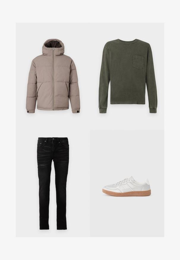 Bruin gewatteerd jack met een capuchon, voorrits, zijzakken en elastische manchetten; de stof heeft een gladde textuur met een subtiele glans.; Langarmshirt in donkergroene olijfkleur, gemaakt van zachte stof, met een ronde hals en een borstzak. Soepele textuur, ontspannen pasvorm.; Zwarte skinny jeans met een gladde denimtextuur, traditionele vijf-pocketontwerp, ritsluiting en subtiele vervaging details op de stof.; Zilveren sneakers met een gladde textuur, vetersluiting, geperforeerde accenten en een gestructureerde bruine rubberen zool.