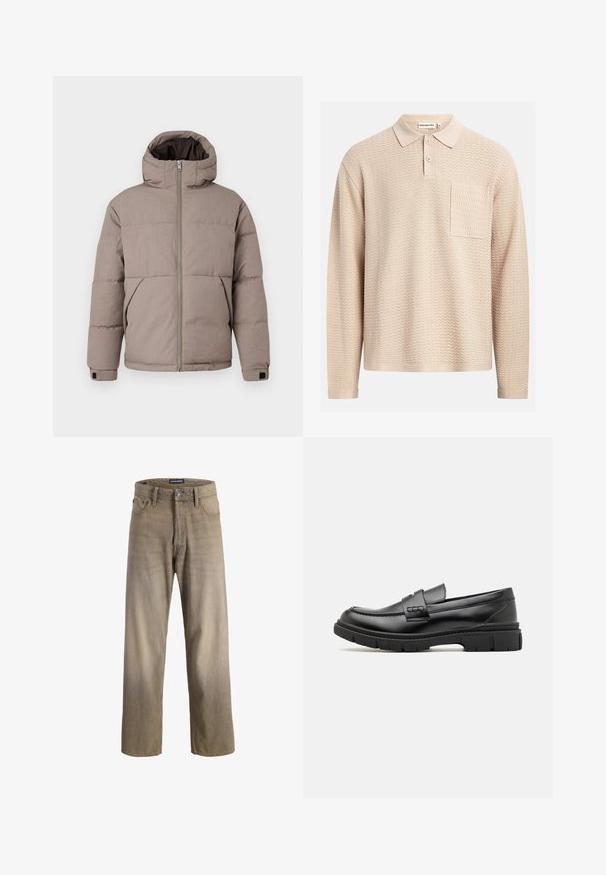 Braune gepolsterte Jacke mit Kapuze, Frontreißverschluss, Seitentaschen und elastischen Bündchen; der Stoff hat eine glatte Textur mit einem dezenten Glanz.; Beige Polohemd mit langen Ärmeln, geprägt von einem strukturierten Wellenmuster, klassischem Kragen, drei Knöpfen und einer Brusttasche auf der linken Seite.; Hellbraune Jeans aus Denim mit geradem Beinschnitt, ausgestattet mit fünf Taschen und einem Knopfverschluss. Verwaschene Textur mit subtilen Farbverlaufseffekten.; Schwarze Lederloafer mit einem breiten Riemen über dem Rist, Gummisohle mit dicken Profilen und glatter Textur. Klassisches, schlankes Design.
