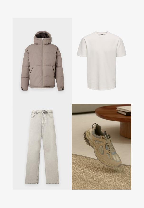 Bruin gewatteerd jack met een capuchon, voorrits, zijzakken en elastische manchetten; de stof heeft een gladde textuur met een subtiele glans.; Effen wit, kort mouw, gestructureerd T-shirt met ronde hals, getoond op een egale achtergrond, zonder zichtbare logo's of ontwerpen.; Lichtgrijze denim jeans met hoge taille, rechte pijpen, voorzakken, riemlussen en een knoop- en ritssluiting.; Beige en grijze sport sneaker met mesh en suède details, zwevend boven een geweven tapijt naast een houten salontafel met boeken.