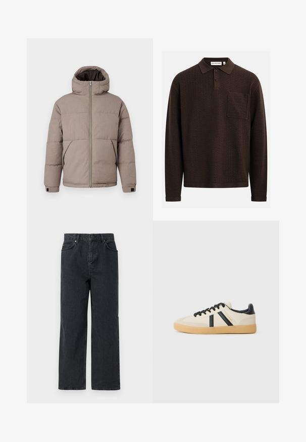 Braune gepolsterte Jacke mit Kapuze, Frontreißverschluss, Seitentaschen und elastischen Bündchen; der Stoff hat eine glatte Textur mit einem dezenten Glanz.; Braunes Langarm-Poloshirt mit strukturiertem Zickzackmuster, ausgestattet mit einer Drei-Knopf-Leiste und einer Brusttasche. Hergestellt aus Strickstoff.; Dunkelblaue Denim-Hosen mit weitem Bein, Fünf-Taschen-Design und Knopfverschluss. Enthält Hardware in kupferfarbener Ausführung und eine subtile Textur.; Legere Sneaker in Creme mit schwarzen Streifen, mit einer strukturierten Oberseite und einer Sohle aus Gummi. Die Schnürsenkel sind schwarz. Diskretes Logo an der Seite.