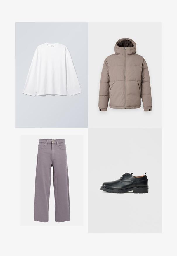 Veste matelassée marron avec capuche, fermeture éclair à l'avant, poches latérales et poignets élastiques ; le tissu présente une texture lisse avec un éclat subtil.; T-shirt blanc uni à manches longues avec col rond et coupe décontractée, suspendu sur un fond gris clair.; Jeans droits lavande-gris avec poches avant et arrière, passants de ceinture et bouton de fermeture à la taille.; Chaussures derby en cuir noir avec une texture lisse, bout rond, design à lacets et une semelle en caoutchouc épaisse et robuste.