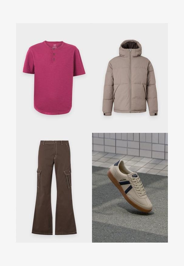 Braune gepolsterte Jacke mit Kapuze, Frontreißverschluss, Seitentaschen und elastischen Bündchen; der Stoff hat eine glatte Textur mit einem dezenten Glanz.; Kurzarm-Henley-Shirt in einem lebhaften Magenta-Ton. Mit Rundhalsausschnitt, Drei-Knopf-Leiste und leicht abgerundetem Saum. Weiche Textur.; Braune Cargo-Hosen mit Schlagbeinen, seitlichen Taschen, weißen Nahtakzenten und einem Metallknopfverschluss.; Beige Sneaker mit strukturierter Oberfläche, dunkelblauen Streifen und Gummisohle. Verfügt über eine gepolsterte Zunge und ein traditionelles Schnürsystem für einen sicheren Sitz.