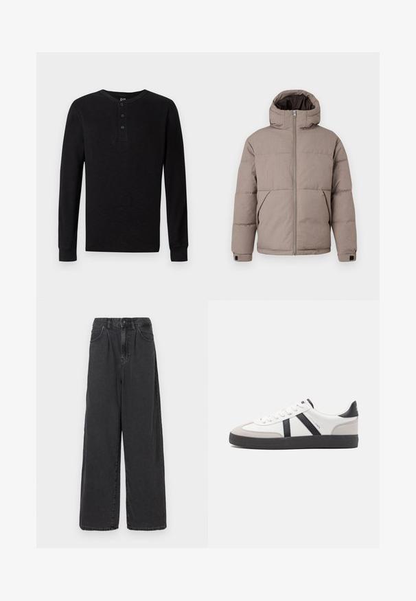 Chaqueta acolchada marrón con capucha, cierre frontal de cremallera, bolsillos laterales y puños elásticos; la tela presenta una textura suave con un ligero brillo.; Camisa henley de manga larga negra con un botón de tres en el cuello, textura suave y puños acanalados, que presenta un corte clásico y un diseño minimalista.; Pantalones de denim negros de tiro alto y pierna ancha, con cierre de botón y cremallera en el frente, que cuentan con bolsillos laterales y una textura suave.; Zapatilla blanca con acentos en negro y gris, que presenta una puntera texturizada en gris, suela de goma negra y cordones planos blancos. Diseño limpio, estilo minimalista.