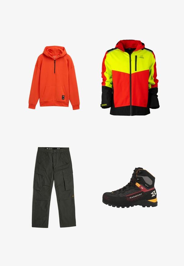 Veste haute visibilité avec des panneaux néon jaunes, rouges et noirs, dotée d'une fermeture éclair sur le devant, d'une capuche et de poignets ajustables. Tissu durable et design ergonomique.; Sweatshirt à capuche orange avec fermeture éclair à mi-hauteur, poche kangourou et poignets côtelés. Fabriqué en tissu doux, il présente une étiquette de marque sur l'ourlet.; Pantalon cargo vert foncé avec fermeture par boutons, deux poches avant inclinées et deux grandes poches latérales à rabat sur chaque jambe.; Botte de randonnée noire et grise avec des accents rouges, dotée d'un dessus texturé, d'un système de laçage et d'une semelle robuste pour une meilleure adhérence. Marque Garmont visible.