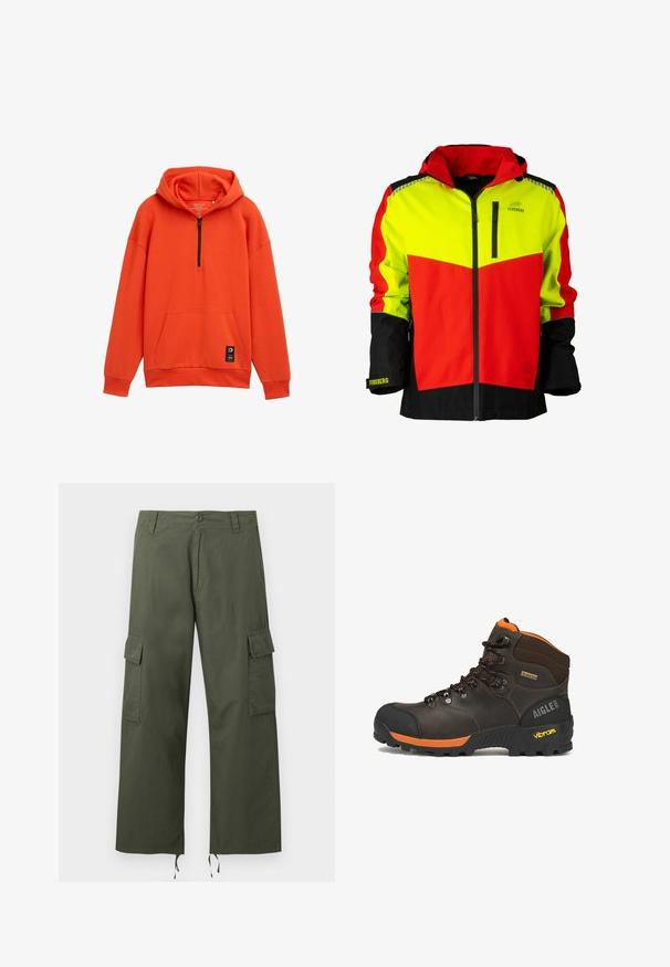 Hochsichtbare Jacke mit neon-gelben, roten und schwarzen Einsätzen, Frontreißverschluss, Kapuze und verstellbaren Bündchen. Strapazierfähiger Stoff und ergonomisches Design.; Orangene Kapuzenjacke mit halbem Reißverschluss, Kängurutasche und gerippten Bündchen. Hergestellt aus weichem Stoff, mit einem markierten Etikett am Saum.; Olivgrüne Cargohose mit seitlichen Klappentaschen, Knopfverschluss, Gürtelschlaufen und verstellbaren Kordeln an den weiten Hosenbeinen.; Brauner Leder-Wanderschuh mit schwarzen und orangefarbenen Akzenten, schwarzen Schnürsenkeln, Vibram-Sohle, Gore-Tex-Label und Aigle 1853 Logo an der Ferse.