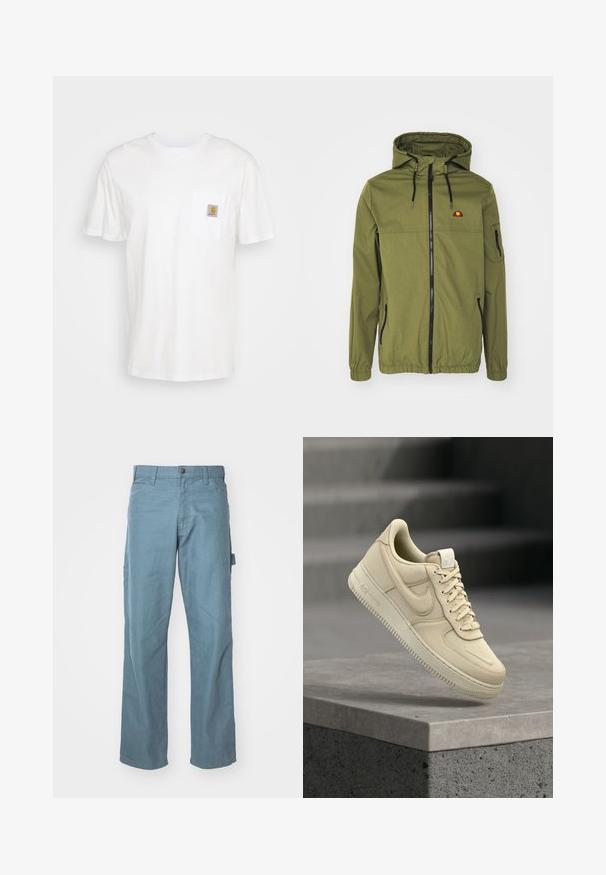Chaqueta impermeable verde oliva con cierre frontal, capucha ajustable, puños elásticos y bolsillos laterales. Presenta un logotipo en el pecho.; Camiseta de algodón blanca con mangas cortas, un bolsillo en el pecho y un pequeño parche cuadrado de logo en naranja y blanco en el bolsillo.; Pantalones cargo de algodón en azul claro con un diseño de pierna recta, dos bolsillos laterales y un lazo en la cintura para mayor utilidad.; Zapatilla Nike Air Force 1 beige flotando sobre un saliente de hormigón gris con un fondo de escaleras desenfocado.