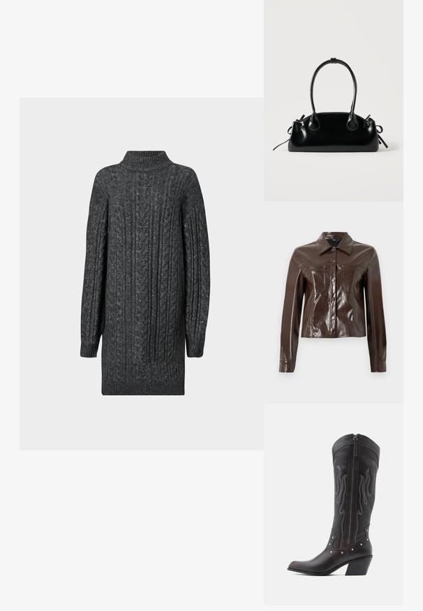 Veste en cuir synthétique marron avec un design structuré, présentant un col, des boutons à l'avant et deux poches poitrine. Texture lisse et brillante.; Robe pull longue en tricot à côtes gris foncé avec un col montant, des poignets et un ourlet côtelés sur fond blanc.; Bottes de cowboy en cuir marron avec surpiqûres en forme de flammes, fermeture éclair latérale, clous argentés, bout pointu et talon superposé.; Petit sac à main noir brillant avec deux longues anses et des détails à cordon sur les côtés sur un fond clair uni.